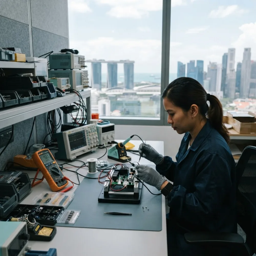 A tidy Singapore workspace assembling and testing compact electronic controllers, with the city skyline visible through a window