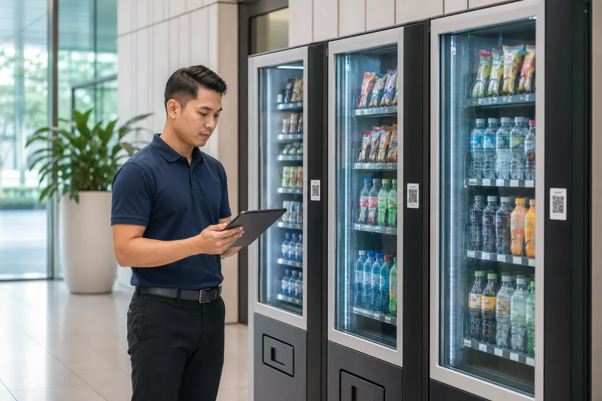 A vending operator reviewing activity on a tablet beside three stocked vending machines with compact illustrative QR payment plaques in a modern Singapore commercial space