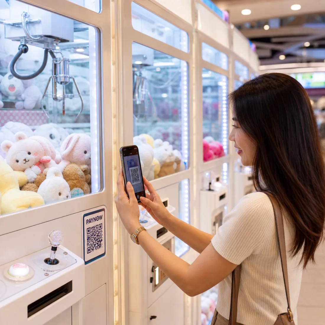 A customer scanning an illustrative PayNow QR plaque mounted on a plush-toy claw machine in a bright Singapore mall arcade