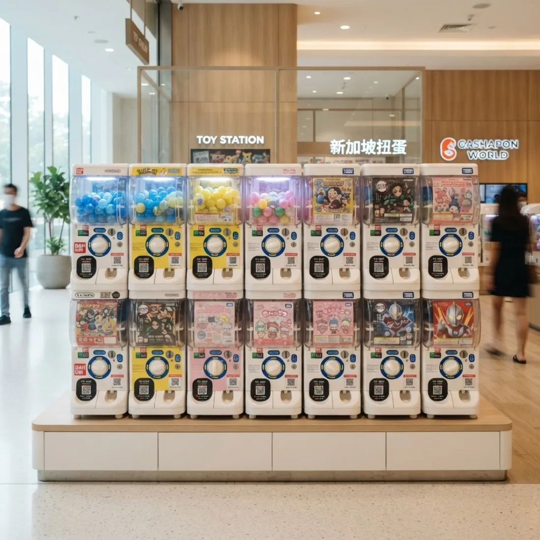 A row of modern internally illuminated Gashapon capsule machines with compact illustrative QR payment plaques in a clean Singapore family-entertainment space