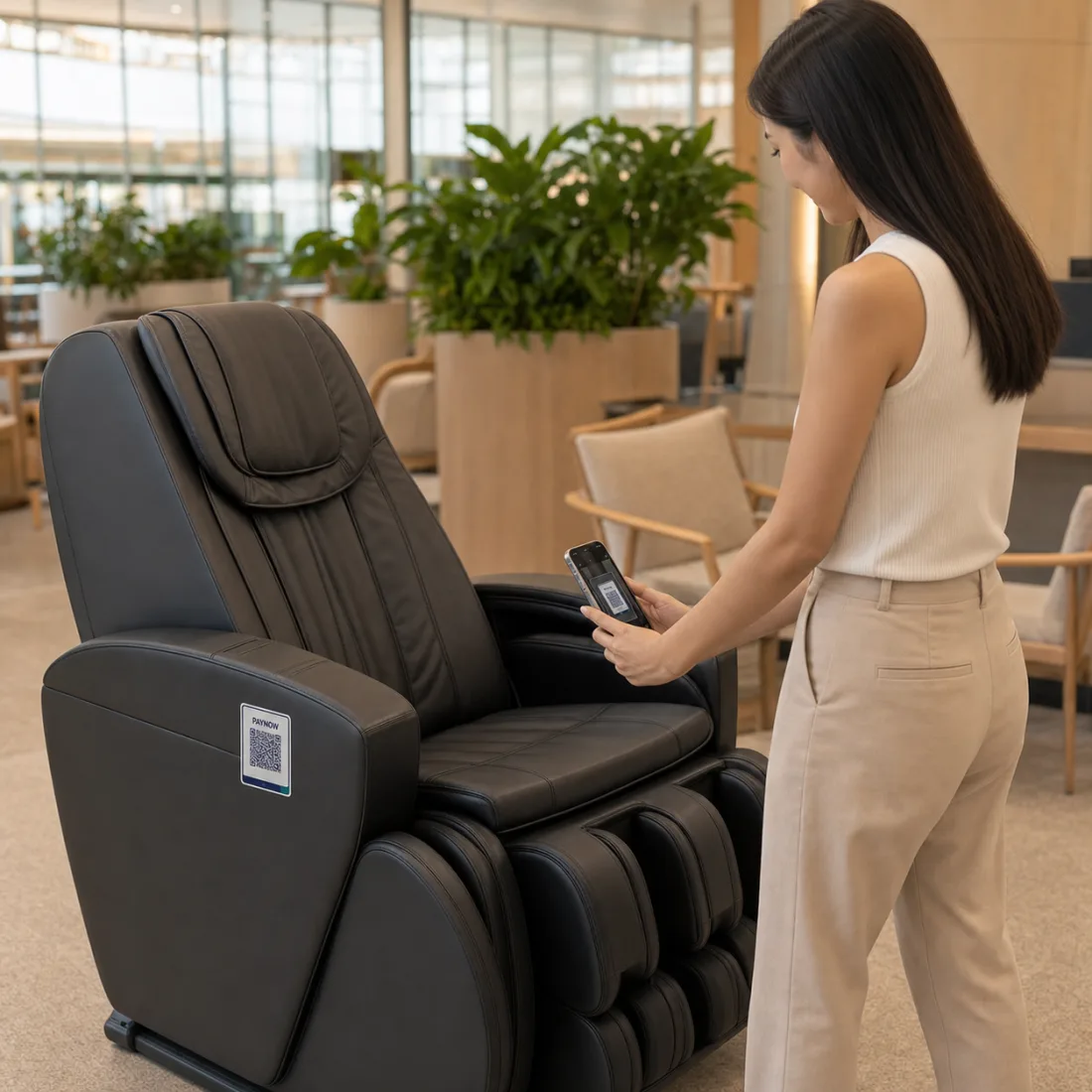 A standing customer scanning an illustrative PayNow QR plaque mounted on the outer side of an empty self-service massage chair in a calm Singapore lounge