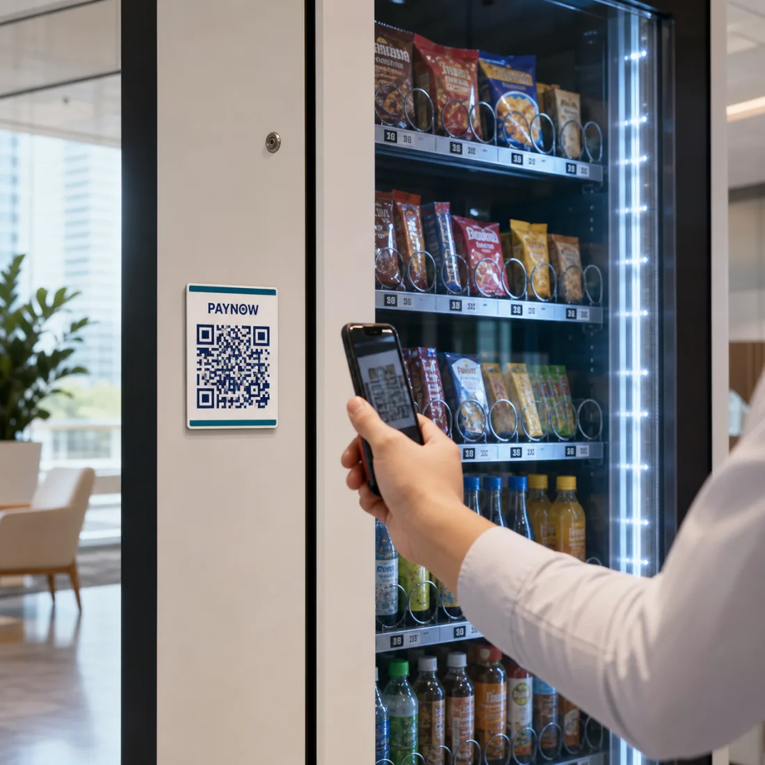 A customer scanning an illustrative PayNow QR plaque mounted on a glass-front vending machine in a bright Singapore office space